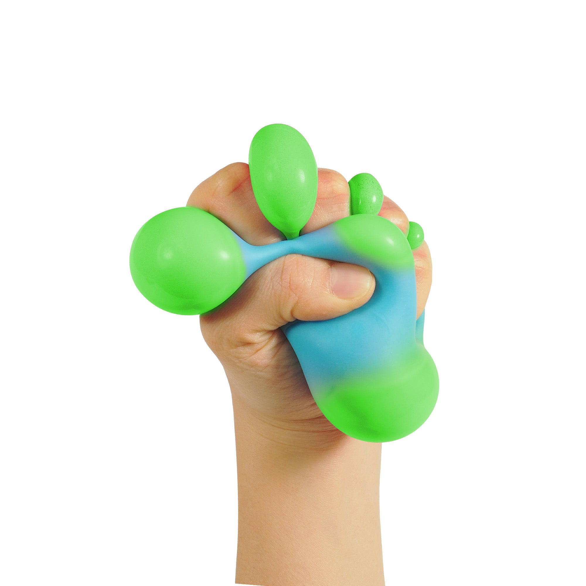 Color Change Squeeze Heart S3 - A hand tightly gripping a squishy, bi-colored sensory toy. The toy is primarily green with a blue gradient. The background is plain white, highlighting the texture and colors of the sensory toy.