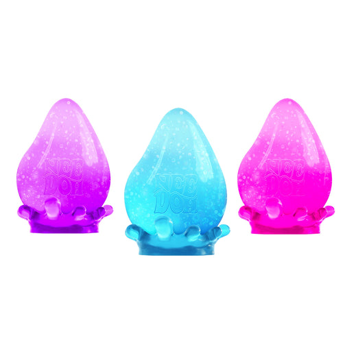 Dream Drop V2 - Three sensory toys are displayed. They are shaped like teardrops and have a gradient design: the left is purple, middle is blue, and right is pink. Each sits in a translucent, splash-like base.