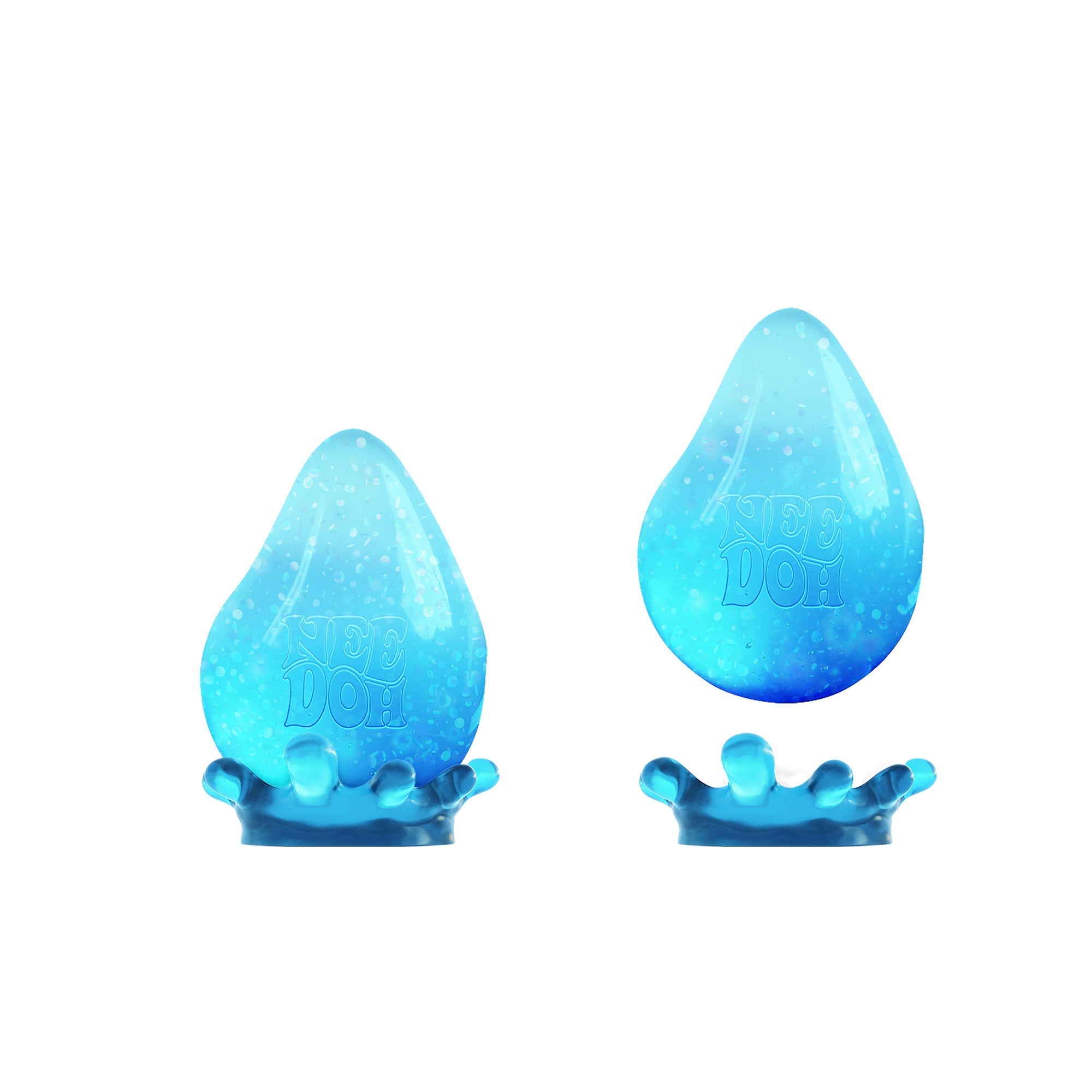 Dream Drop V2 - Two blue, water droplet-shaped sensory toys with a gradient designe. One is positioned upright, and the other is showing a splash-like shape at the base. Both are set against a plain white background.