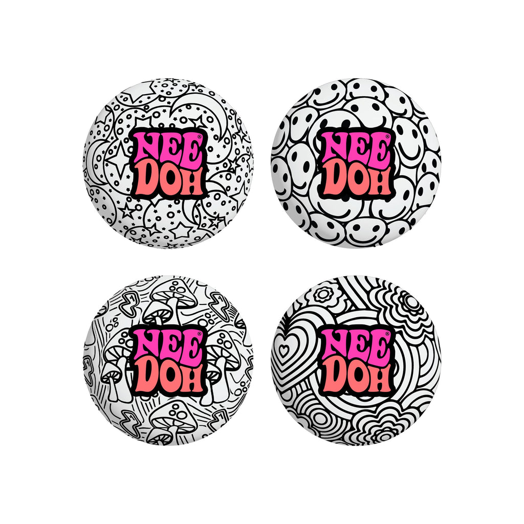 Four different black-and-white patterned Press-Doh O9 sensory squish balls. Patterns include mushrooms, smiley faces, flowers, and stars. Text on each reads " ".
