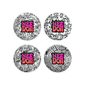 Four different black-and-white patterned Press-Doh O9 sensory squish balls. Patterns include mushrooms, smiley faces, flowers, and stars. Text on each reads " ".
