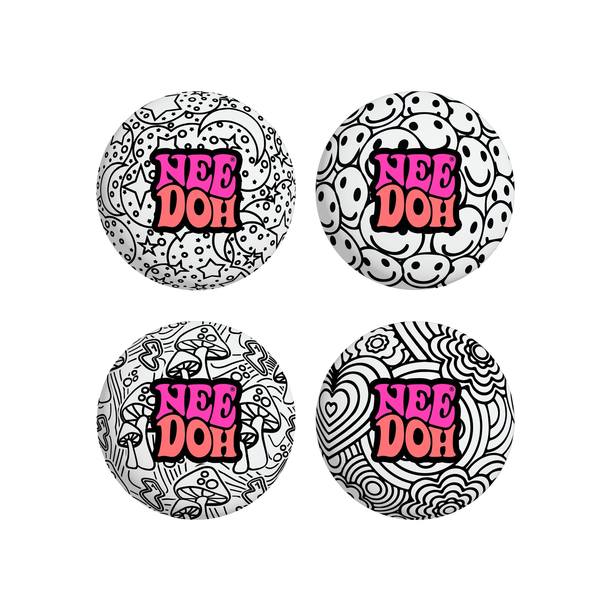 Four different black-and-white patterned Press-Doh O9 sensory squish balls. Patterns include mushrooms, smiley faces, flowers, and stars. Text on each reads " ".