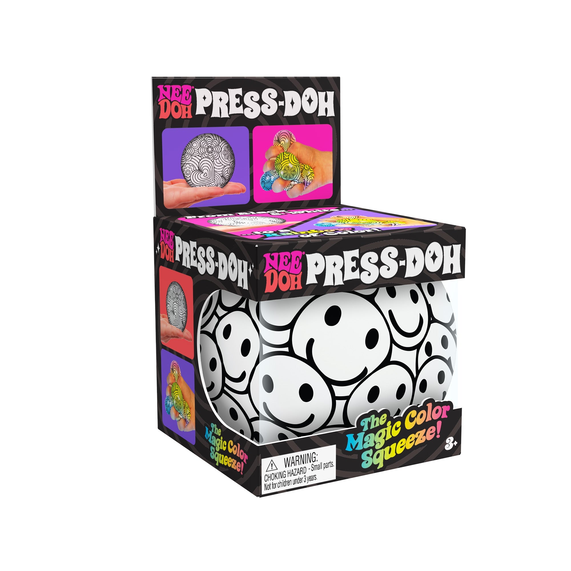 Packaging of the Press-Doh O9 with vibrant text and images. It features the tagline, "The Magic Color Squeeze!" A warning about the choking hazard for small parts is visible at the bottom. Suitable for ages 3+.