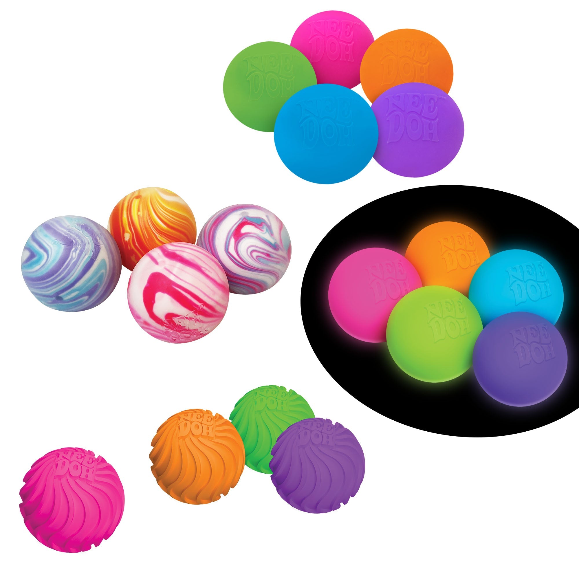 Teenie Singles M6 - Four groups of Teenie sensory squish balls. The top group is the original Teenie, the middle right group is the Glow in the Dark Teenie, the middle left group is the Teenie Swirl, and the bottom group is the Teenie Ripples.